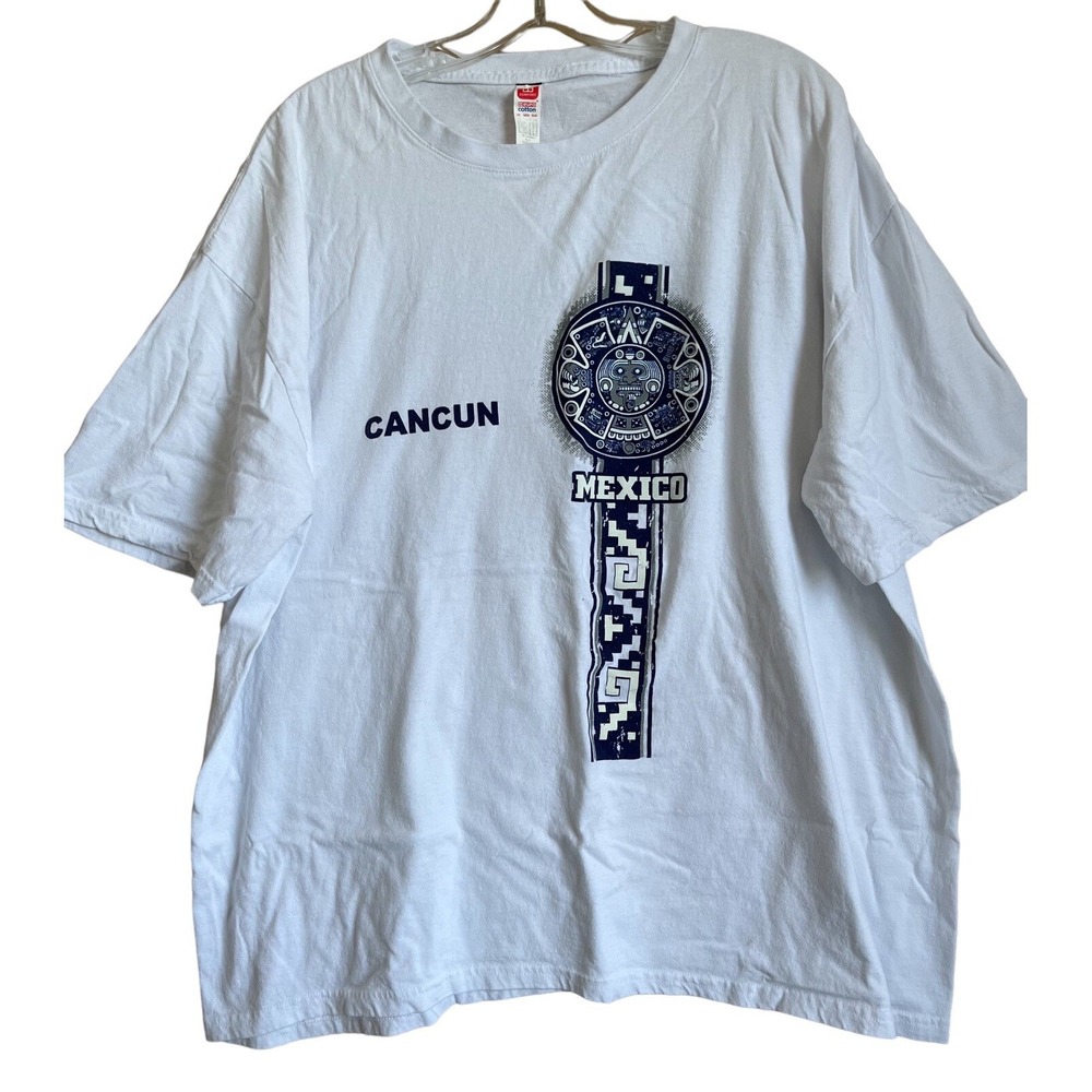 Cancun Mexico T Shirt Mens XXL White Blue Mayan Pyramid Graphic Souvenir Beach T